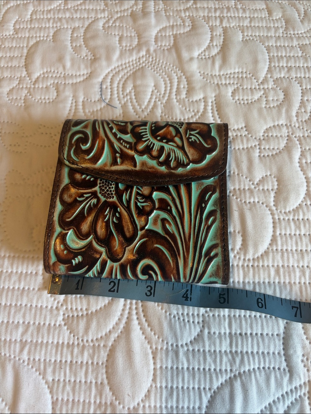 Patricia Nash Tooled Floral Leather Coin Purse in Turquoise & Brown